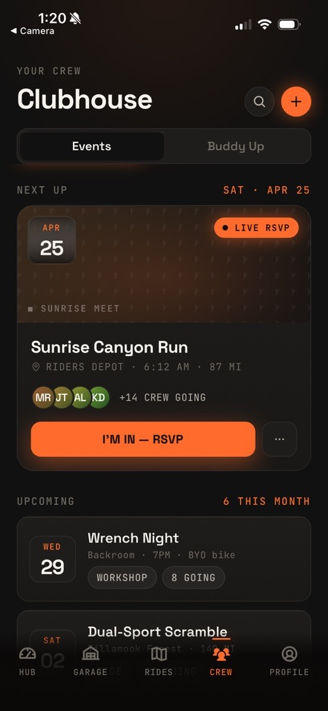 TorqueN Clubhouse — Crew events feed with upcoming rides